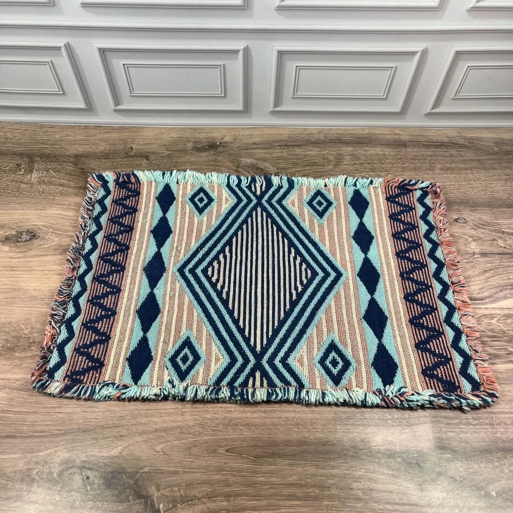 Southwestern Fringed Woven Placemats Set of 2 Blue Coral Geometric Reversable